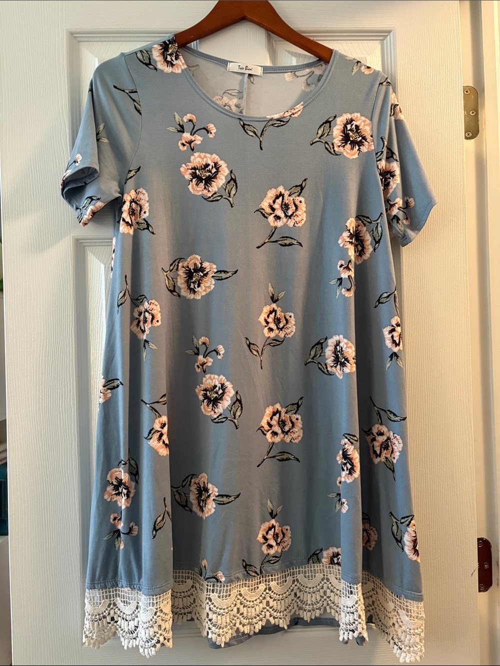 Light Blue Floral Lace-Hem Short Sleeve Flared Dress/Tunic